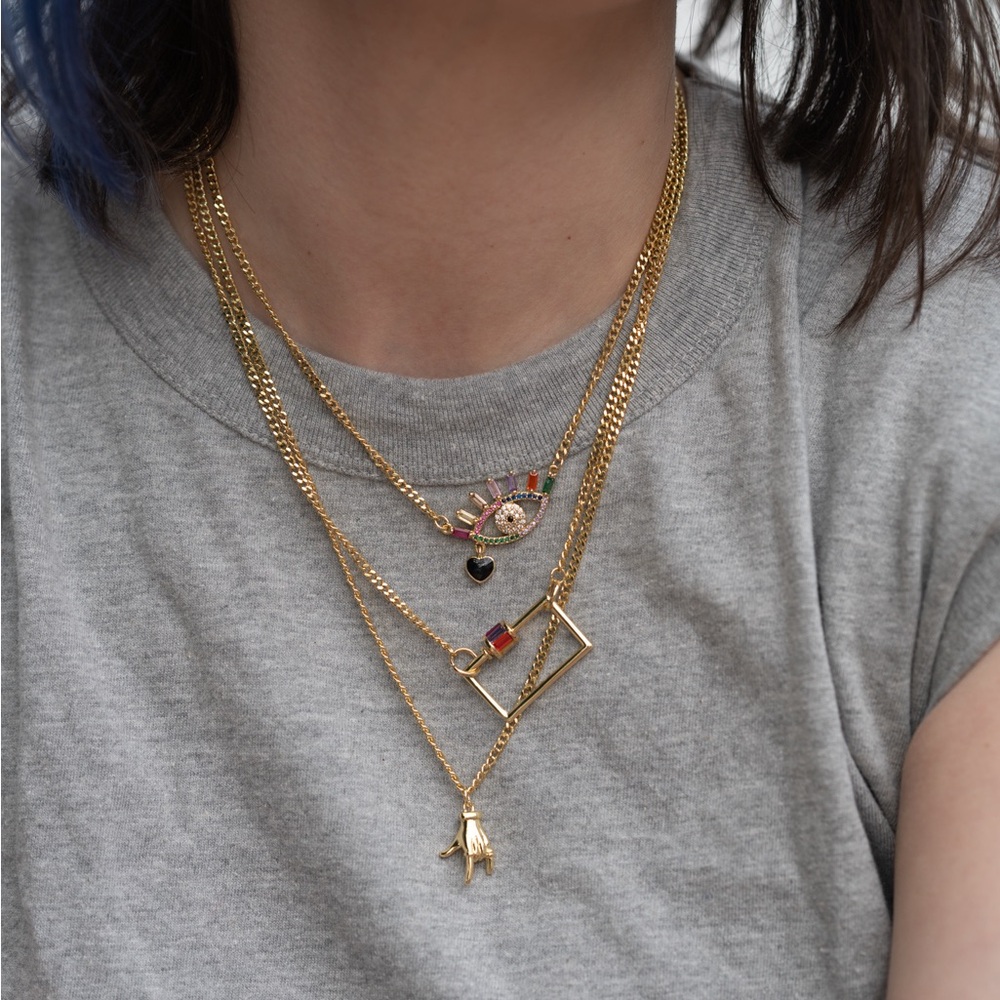 Customizable Gold 3 necklace stack with evil eye charm & carabiner